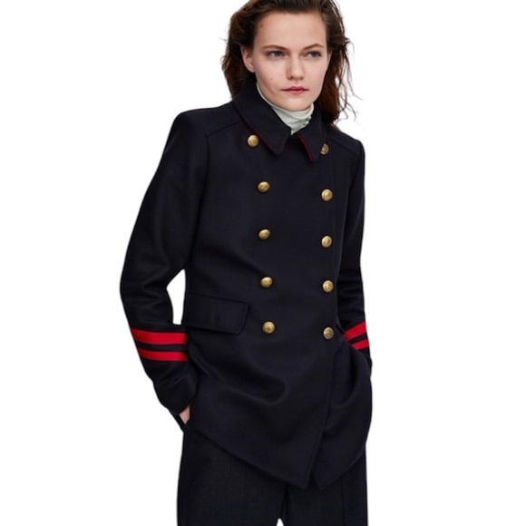 ZARA Navy Double-Breasted Military Wool blend Coat sz M - Picture 2 of 12